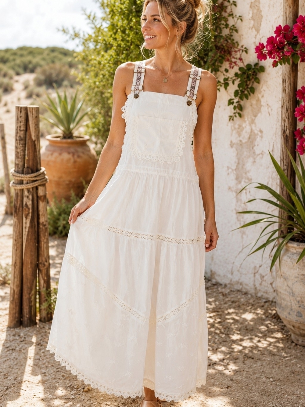 Boho Embroidered Overalls Maxi Dress White Lace Tiered Adjustable Straps Medium